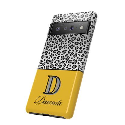 Gray Leopard Print and Yellow Personalized Name Phone Case - for iPhone, Samsung, and Google Phones