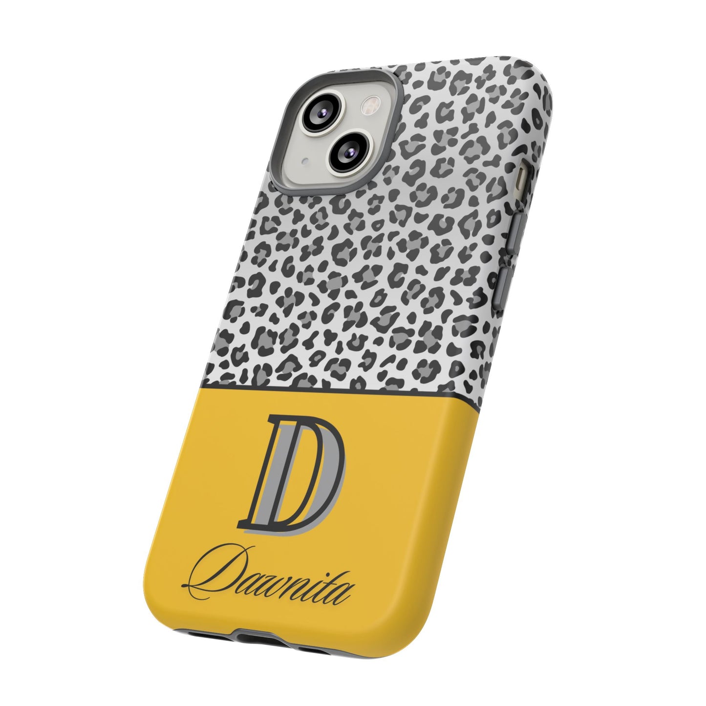 Gray Leopard Print and Yellow Personalized Name Phone Case - for iPhone, Samsung, and Google Phones