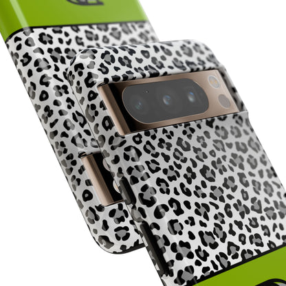 Gray Leopard Print and Green Personalized Name Phone Case - for iPhone, Samsung, and Google Phones