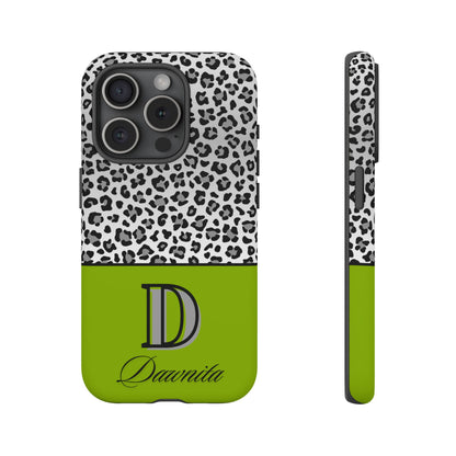 Gray Leopard Print and Green Personalized Name Phone Case - for iPhone, Samsung, and Google Phones