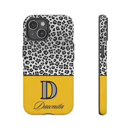 Gray Leopard Print and Yellow Personalized Name Phone Case - for iPhone, Samsung, and Google Phones