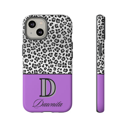 Gray Leopard Print and Purple Personalized Name Phone Case - for iPhone, Samsung, and Google Phones