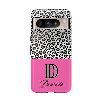 Gray Leopard Print and Pink Personalized Name Phone Case - for iPhone, Samsung, and Google Phones