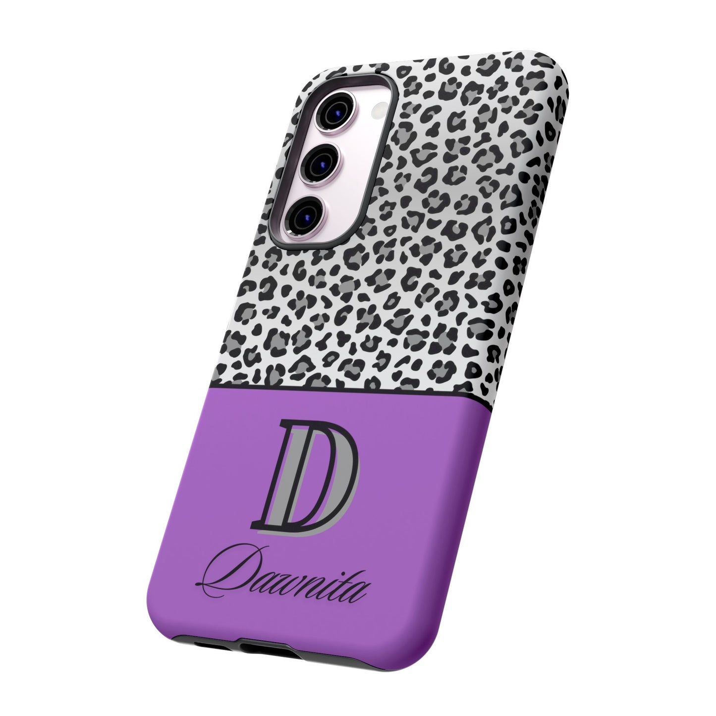 Gray Leopard Print and Purple Personalized Name Phone Case - for iPhone, Samsung, and Google Phones