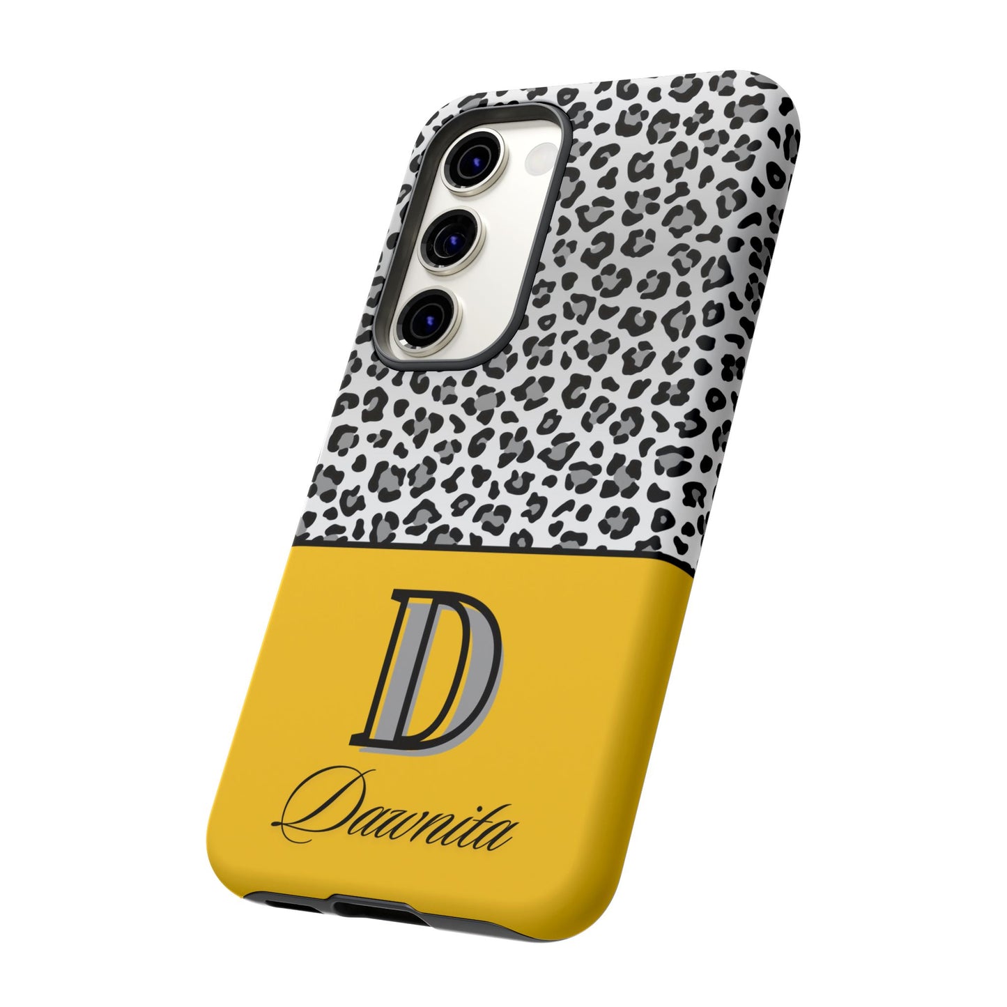 Gray Leopard Print and Yellow Personalized Name Phone Case - for iPhone, Samsung, and Google Phones