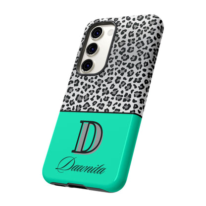 Gray Leopard Print and Teal Personalized Name Phone Case - for iPhone, Samsung, and Google Phones