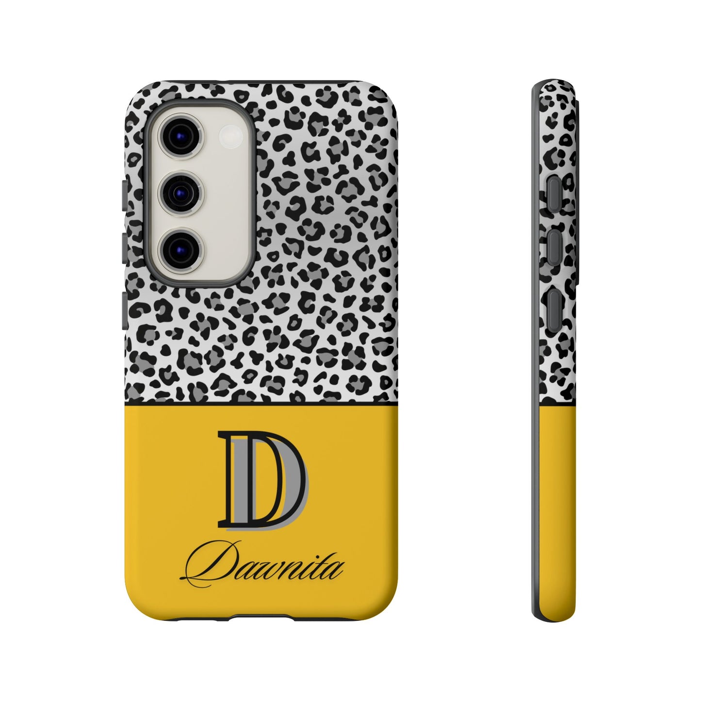 Gray Leopard Print and Yellow Personalized Name Phone Case - for iPhone, Samsung, and Google Phones