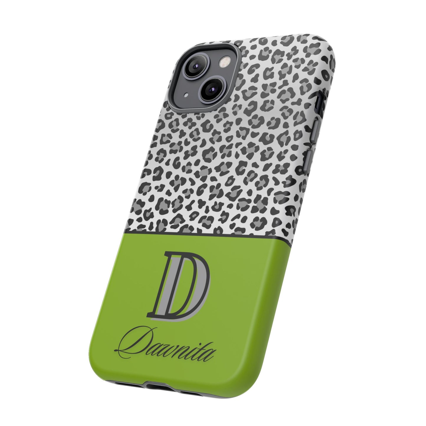 Gray Leopard Print and Green Personalized Name Phone Case - for iPhone, Samsung, and Google Phones