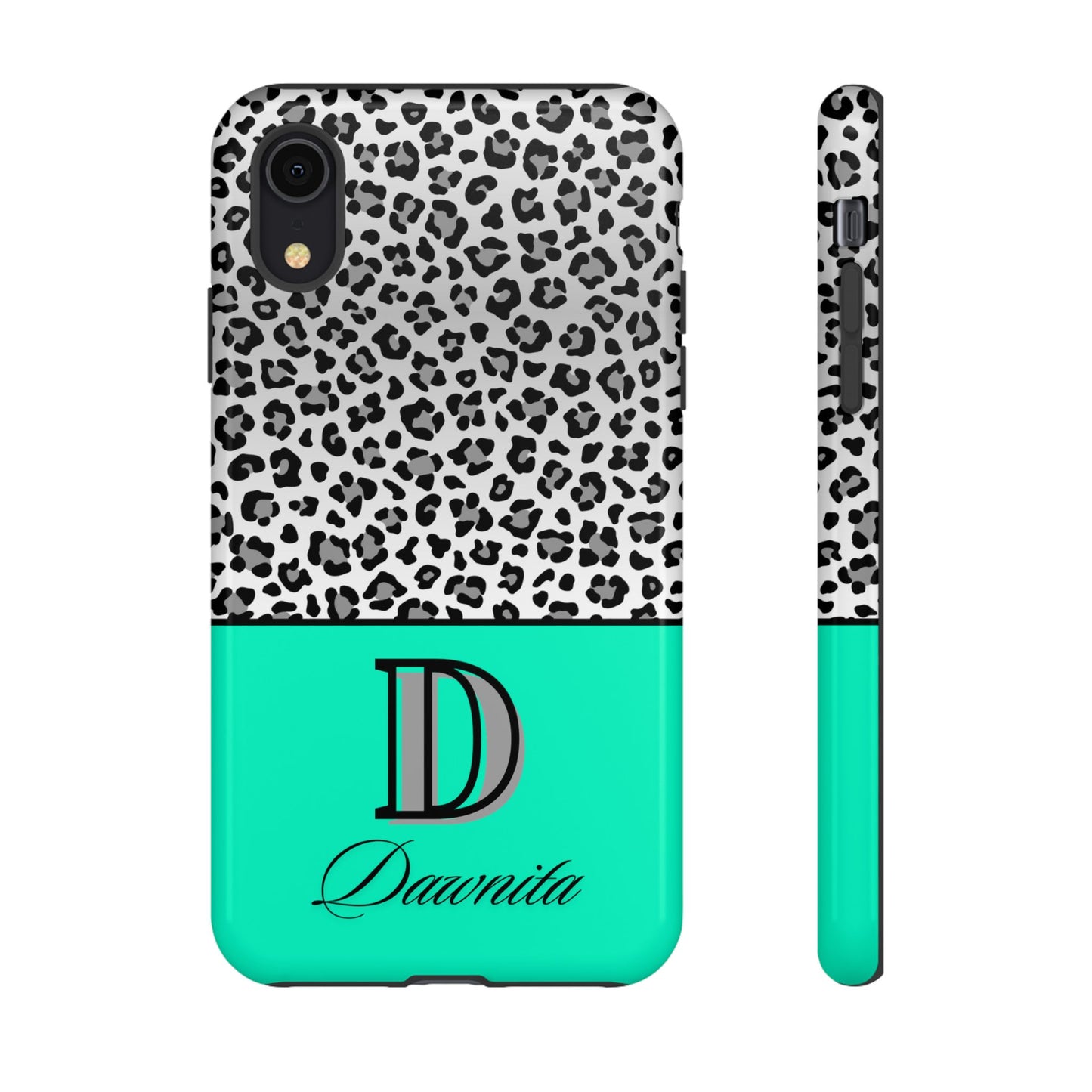 Gray Leopard Print and Teal Personalized Name Phone Case - for iPhone, Samsung, and Google Phones