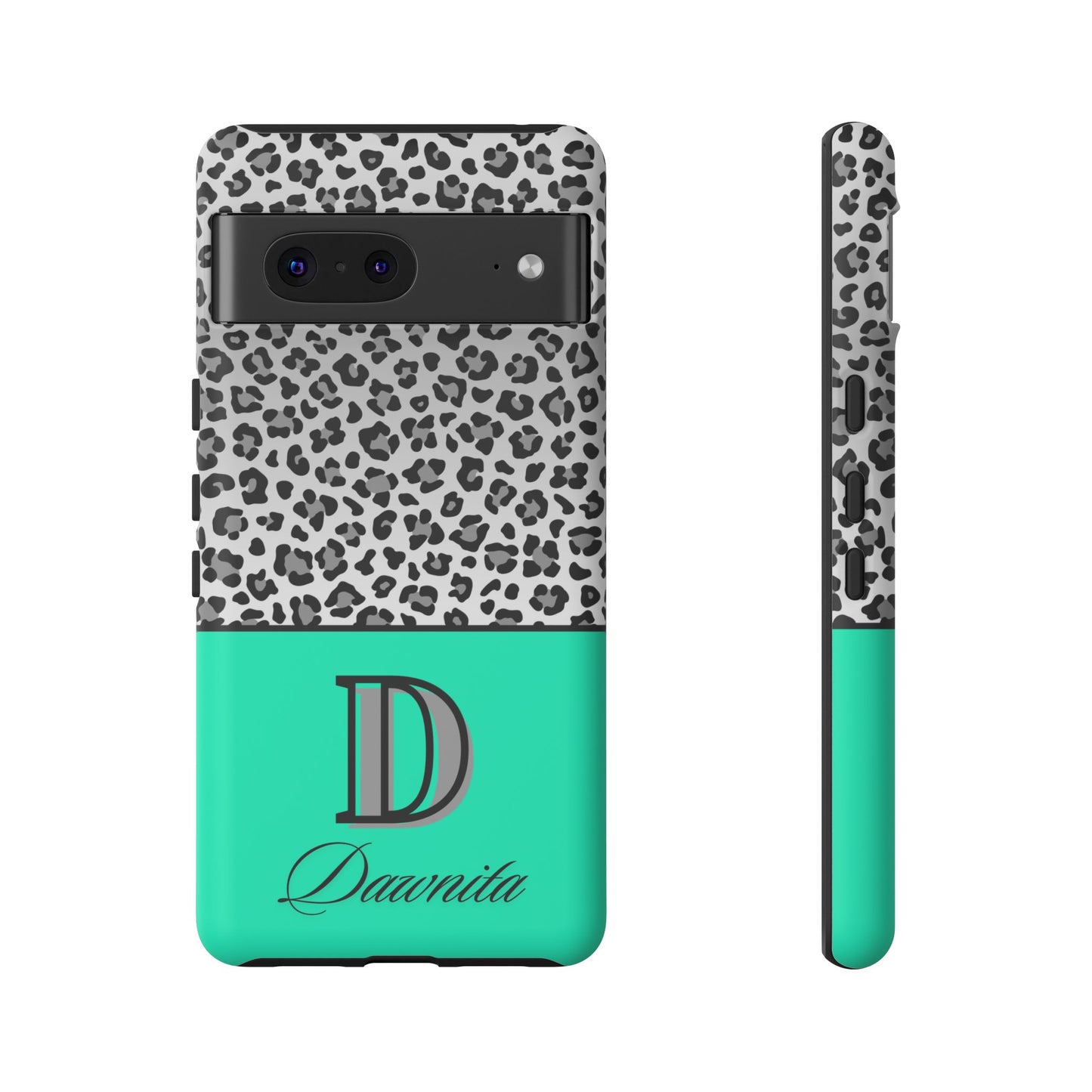 Gray Leopard Print and Teal Personalized Name Phone Case - for iPhone, Samsung, and Google Phones