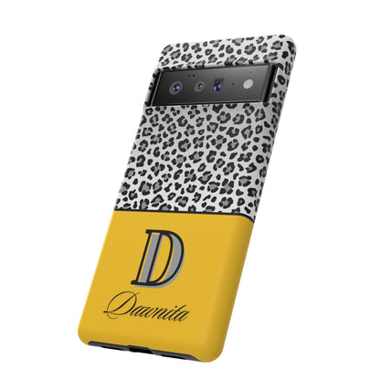 Gray Leopard Print and Yellow Personalized Name Phone Case - for iPhone, Samsung, and Google Phones