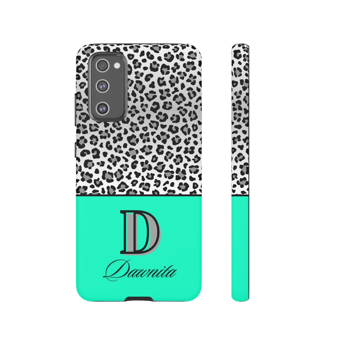 Gray Leopard Print and Teal Personalized Name Phone Case - for iPhone, Samsung, and Google Phones