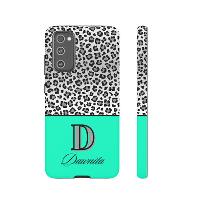 Gray Leopard Print and Teal Personalized Name Phone Case - for iPhone, Samsung, and Google Phones