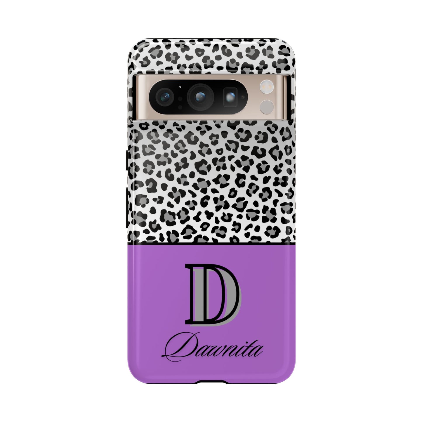 Gray Leopard Print and Purple Personalized Name Phone Case - for iPhone, Samsung, and Google Phones