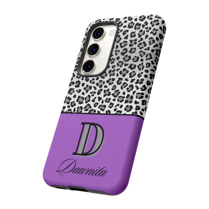 Gray Leopard Print and Purple Personalized Name Phone Case - for iPhone, Samsung, and Google Phones