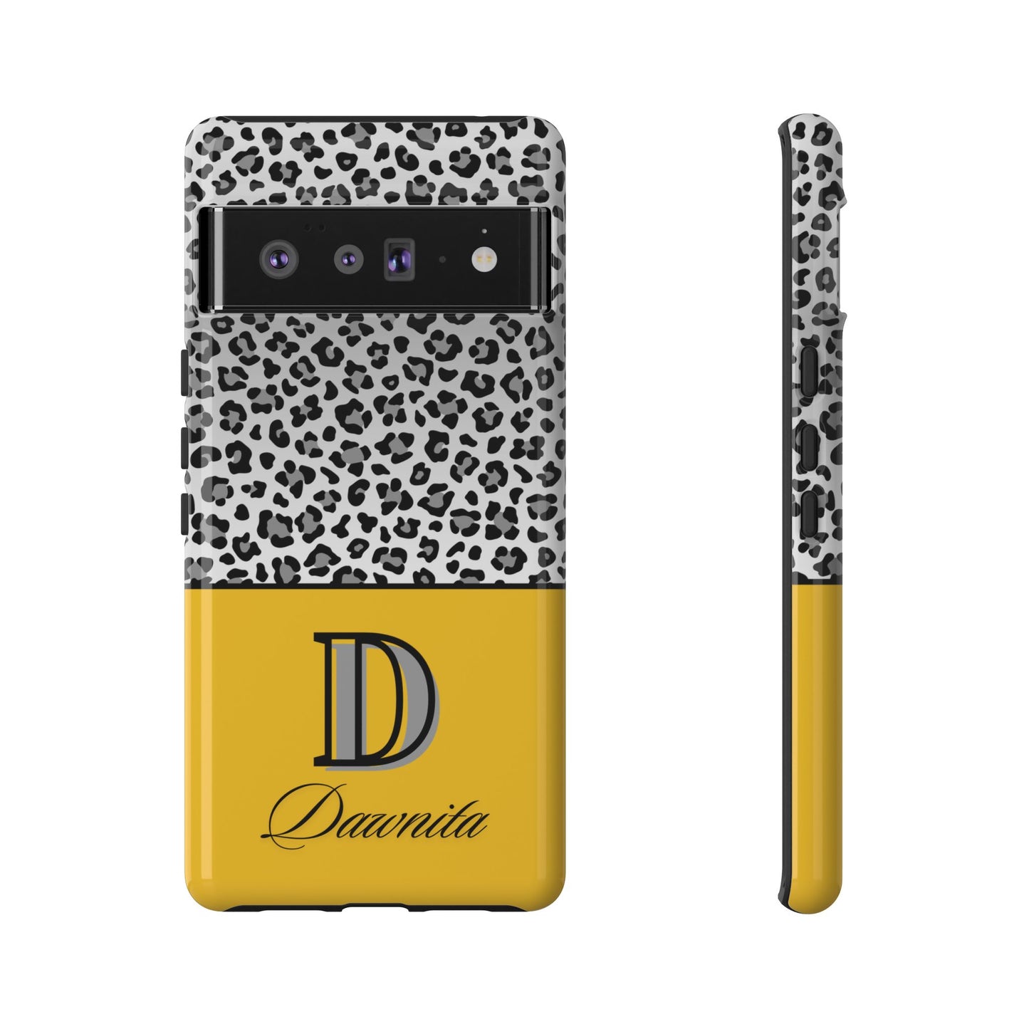 Gray Leopard Print and Yellow Personalized Name Phone Case - for iPhone, Samsung, and Google Phones