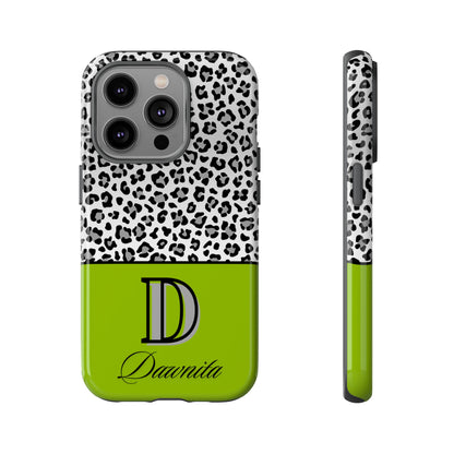 Gray Leopard Print and Green Personalized Name Phone Case - for iPhone, Samsung, and Google Phones