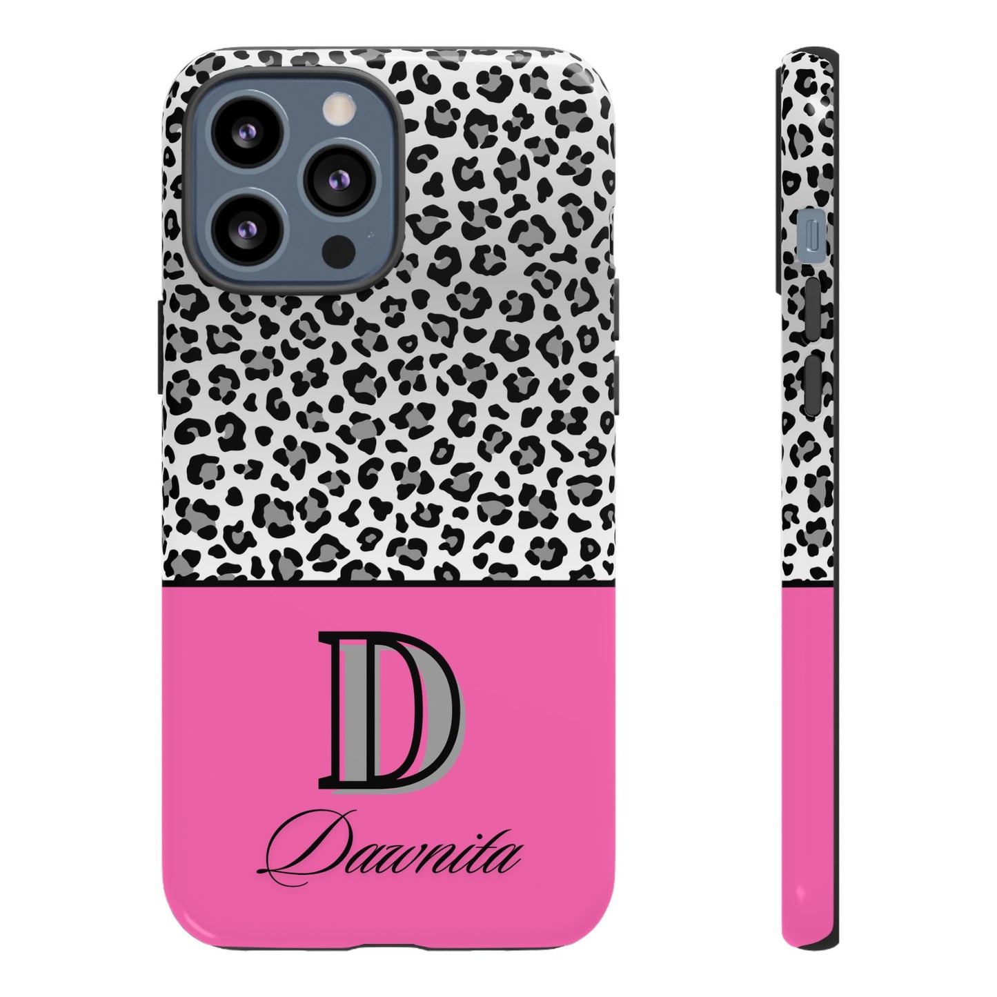 Gray Leopard Print and Pink Personalized Name Phone Case - for iPhone, Samsung, and Google Phones