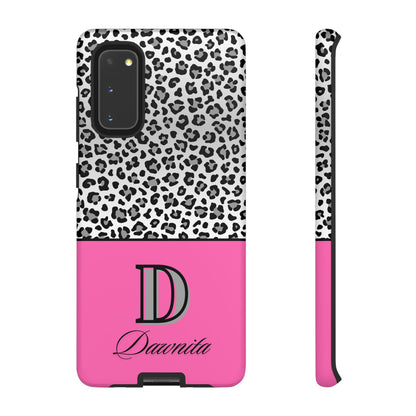 Gray Leopard Print and Pink Personalized Name Phone Case - for iPhone, Samsung, and Google Phones