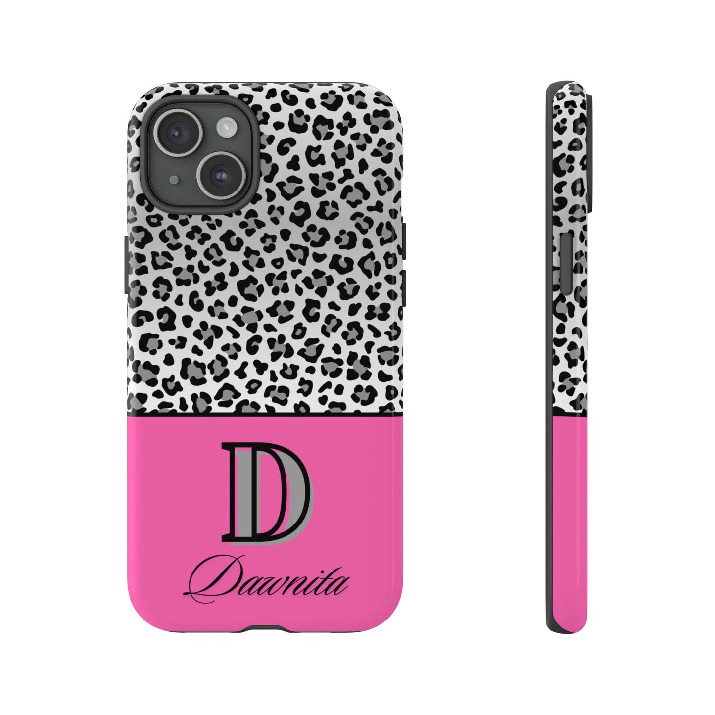 Gray Leopard Print and Pink Personalized Name Phone Case - for iPhone, Samsung, and Google Phones