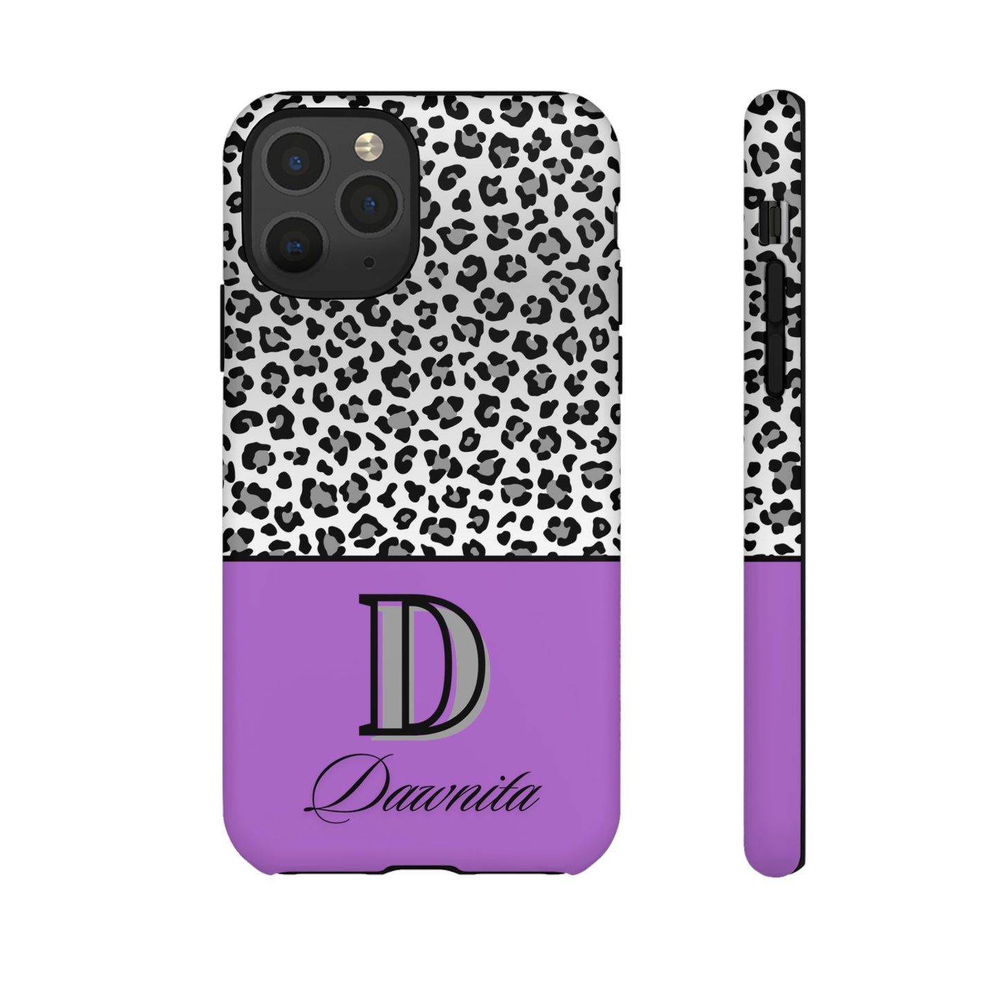 Gray Leopard Print and Purple Personalized Name Phone Case - for iPhone, Samsung, and Google Phones