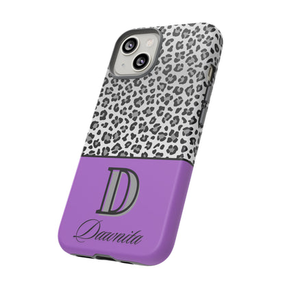 Gray Leopard Print and Purple Personalized Name Phone Case - for iPhone, Samsung, and Google Phones