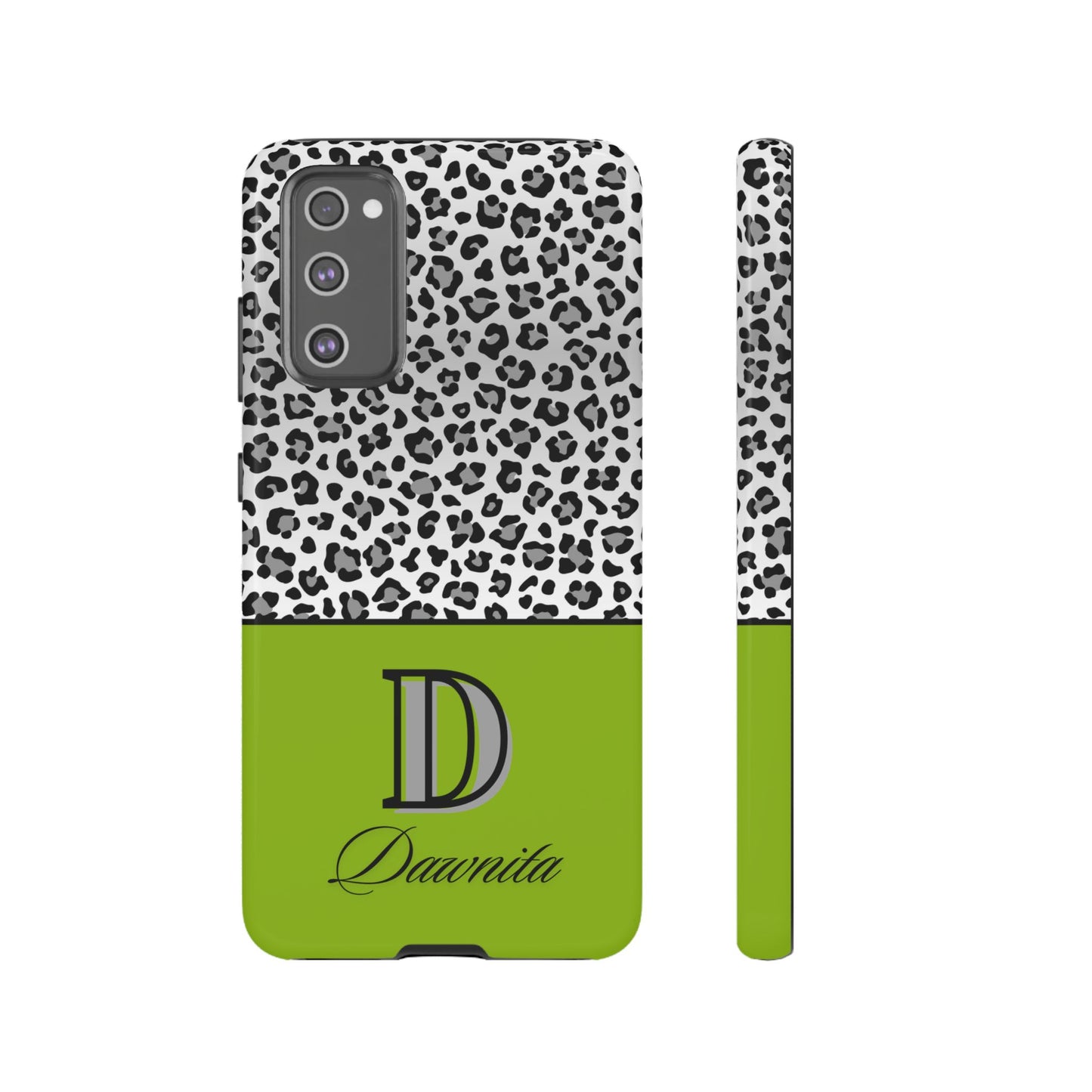 Gray Leopard Print and Green Personalized Name Phone Case - for iPhone, Samsung, and Google Phones