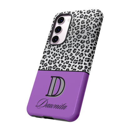 Gray Leopard Print and Purple Personalized Name Phone Case - for iPhone, Samsung, and Google Phones