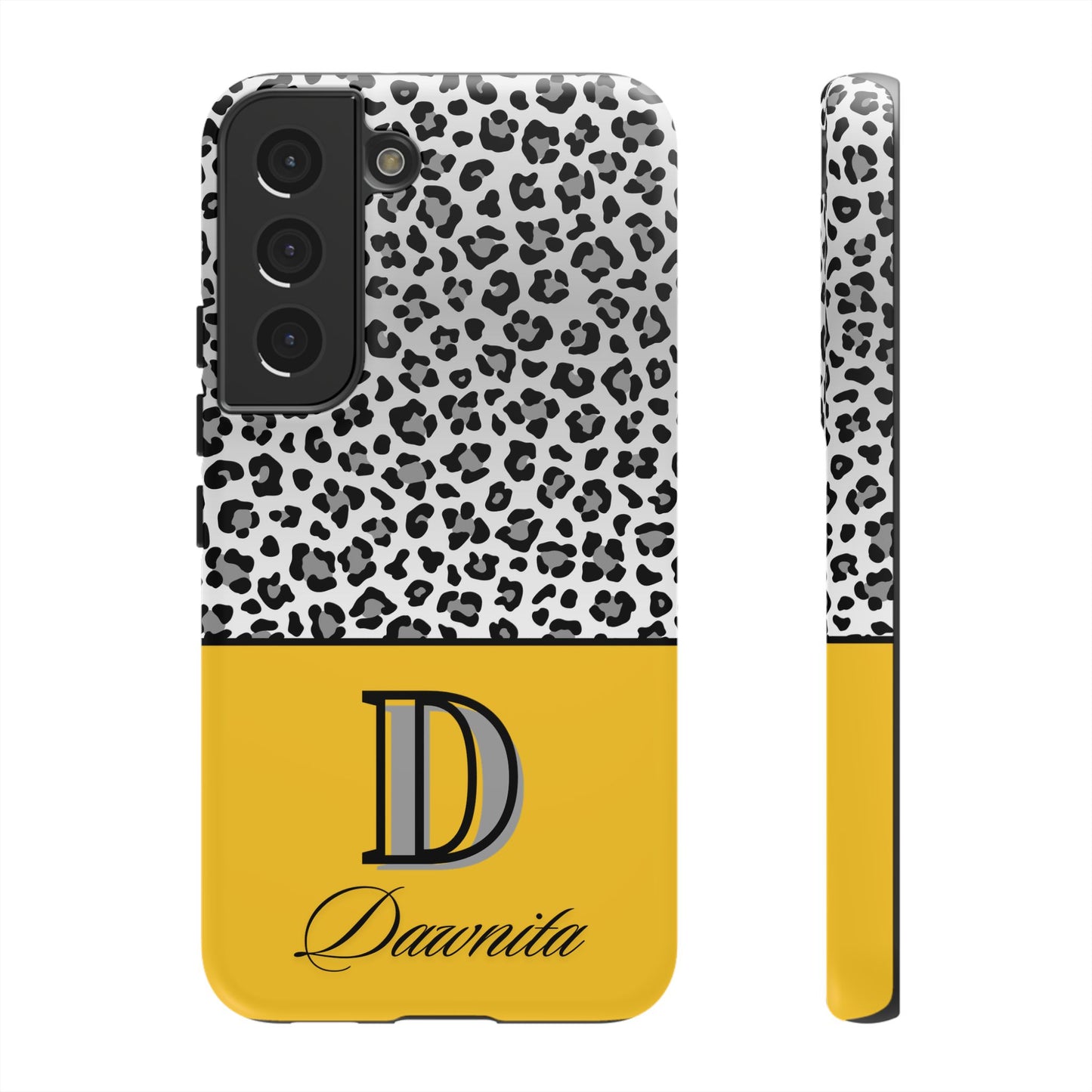 Gray Leopard Print and Yellow Personalized Name Phone Case - for iPhone, Samsung, and Google Phones