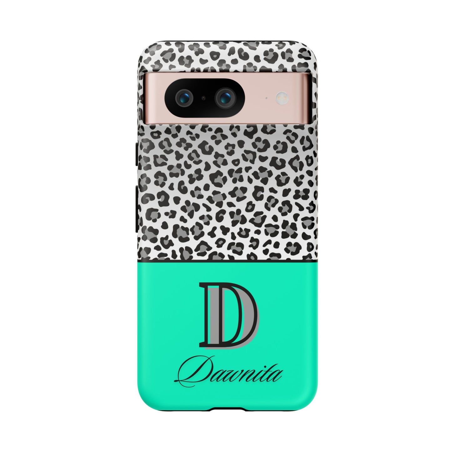 Gray Leopard Print and Teal Personalized Name Phone Case - for iPhone, Samsung, and Google Phones