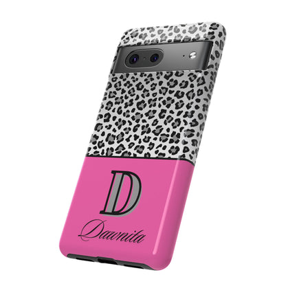 Gray Leopard Print and Pink Personalized Name Phone Case - for iPhone, Samsung, and Google Phones