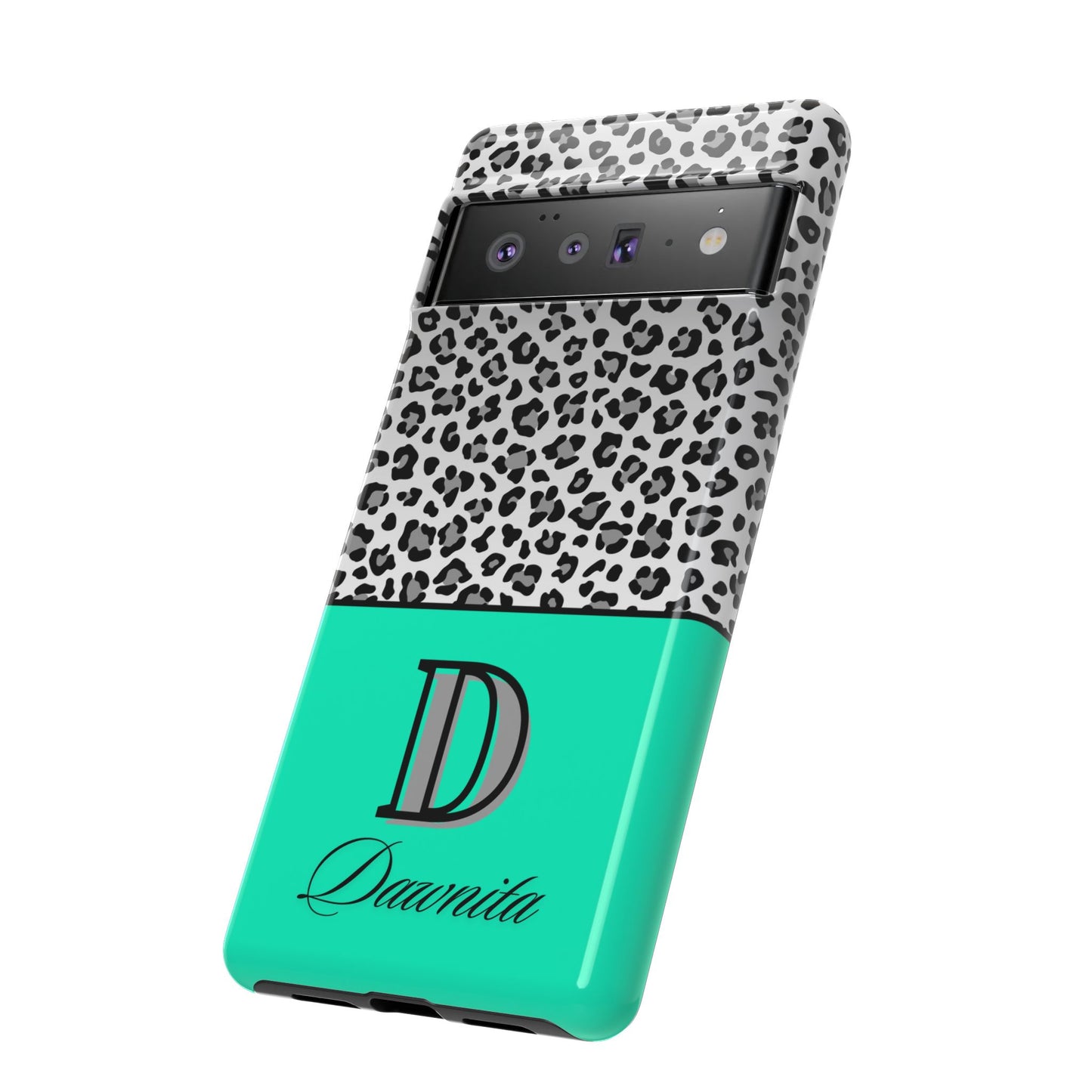 Gray Leopard Print and Teal Personalized Name Phone Case - for iPhone, Samsung, and Google Phones