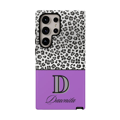 Gray Leopard Print and Purple Personalized Name Phone Case - for iPhone, Samsung, and Google Phones