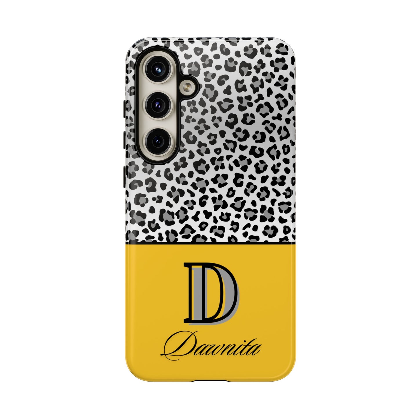 Gray Leopard Print and Yellow Personalized Name Phone Case - for iPhone, Samsung, and Google Phones