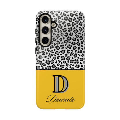 Gray Leopard Print and Yellow Personalized Name Phone Case - for iPhone, Samsung, and Google Phones