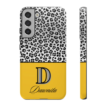 Gray Leopard Print and Yellow Personalized Name Phone Case - for iPhone, Samsung, and Google Phones