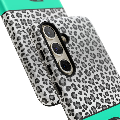 Gray Leopard Print and Teal Personalized Name Phone Case - for iPhone, Samsung, and Google Phones