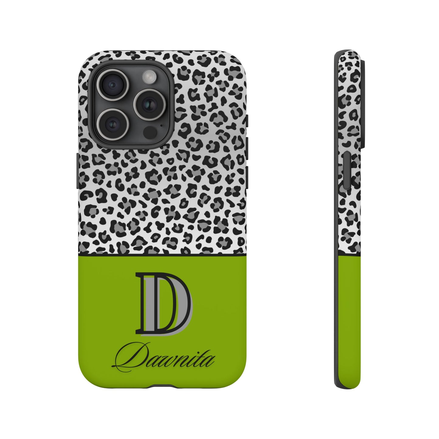 Gray Leopard Print and Green Personalized Name Phone Case - for iPhone, Samsung, and Google Phones