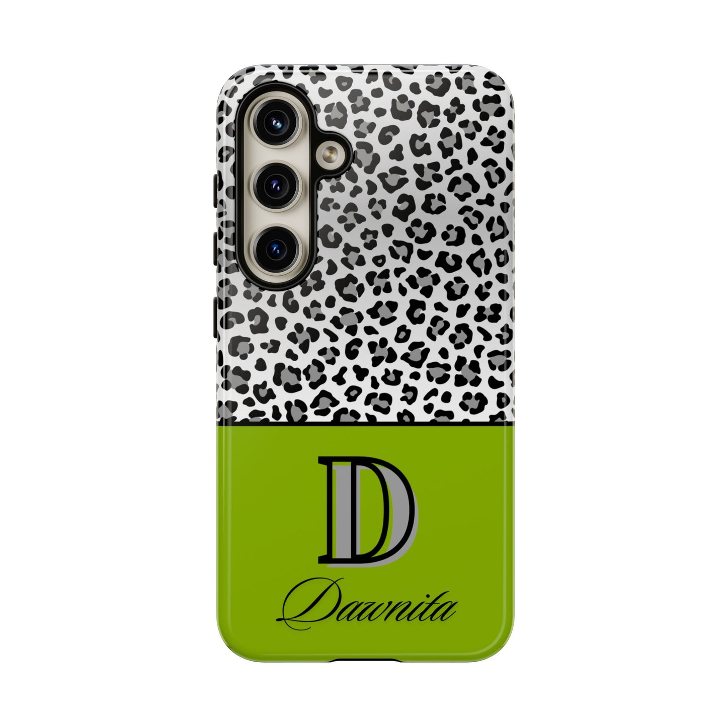 Gray Leopard Print and Green Personalized Name Phone Case - for iPhone, Samsung, and Google Phones