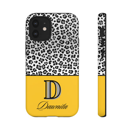 Gray Leopard Print and Yellow Personalized Name Phone Case - for iPhone, Samsung, and Google Phones