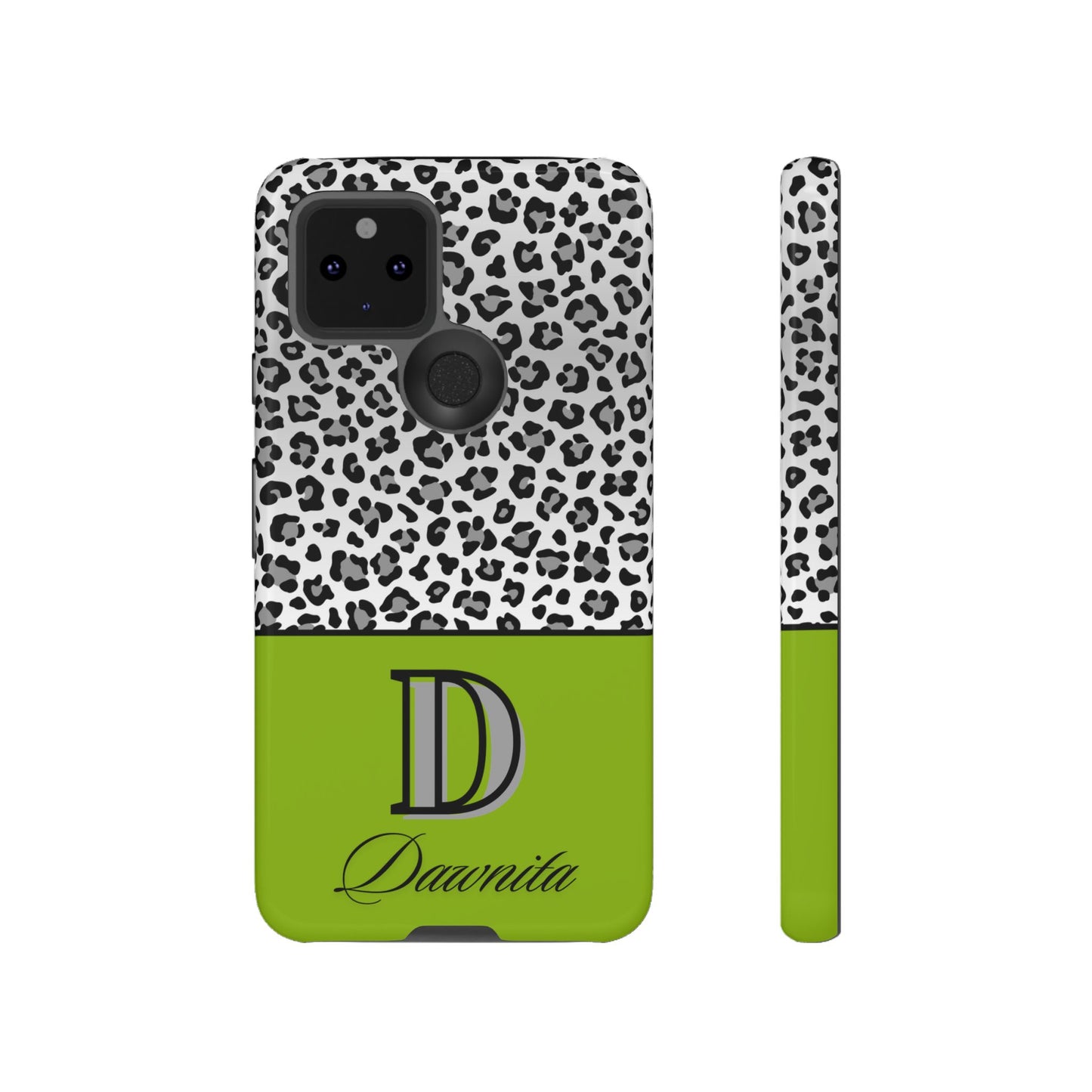 Gray Leopard Print and Green Personalized Name Phone Case - for iPhone, Samsung, and Google Phones