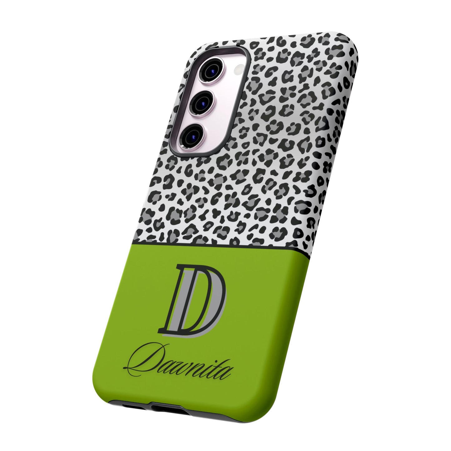 Gray Leopard Print and Green Personalized Name Phone Case - for iPhone, Samsung, and Google Phones