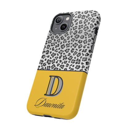 Gray Leopard Print and Yellow Personalized Name Phone Case - for iPhone, Samsung, and Google Phones