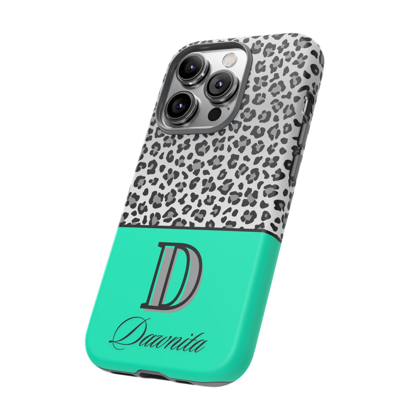 Gray Leopard Print and Teal Personalized Name Phone Case - for iPhone, Samsung, and Google Phones