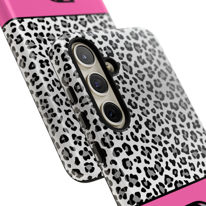 Gray Leopard Print and Pink Personalized Name Phone Case - for iPhone, Samsung, and Google Phones