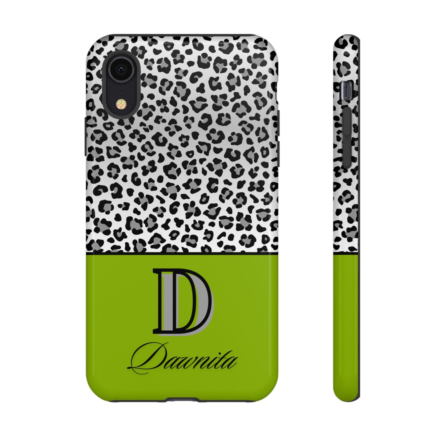 Gray Leopard Print and Green Personalized Name Phone Case - for iPhone, Samsung, and Google Phones