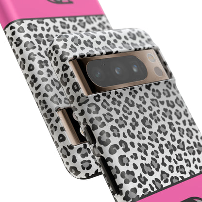 Gray Leopard Print and Pink Personalized Name Phone Case - for iPhone, Samsung, and Google Phones