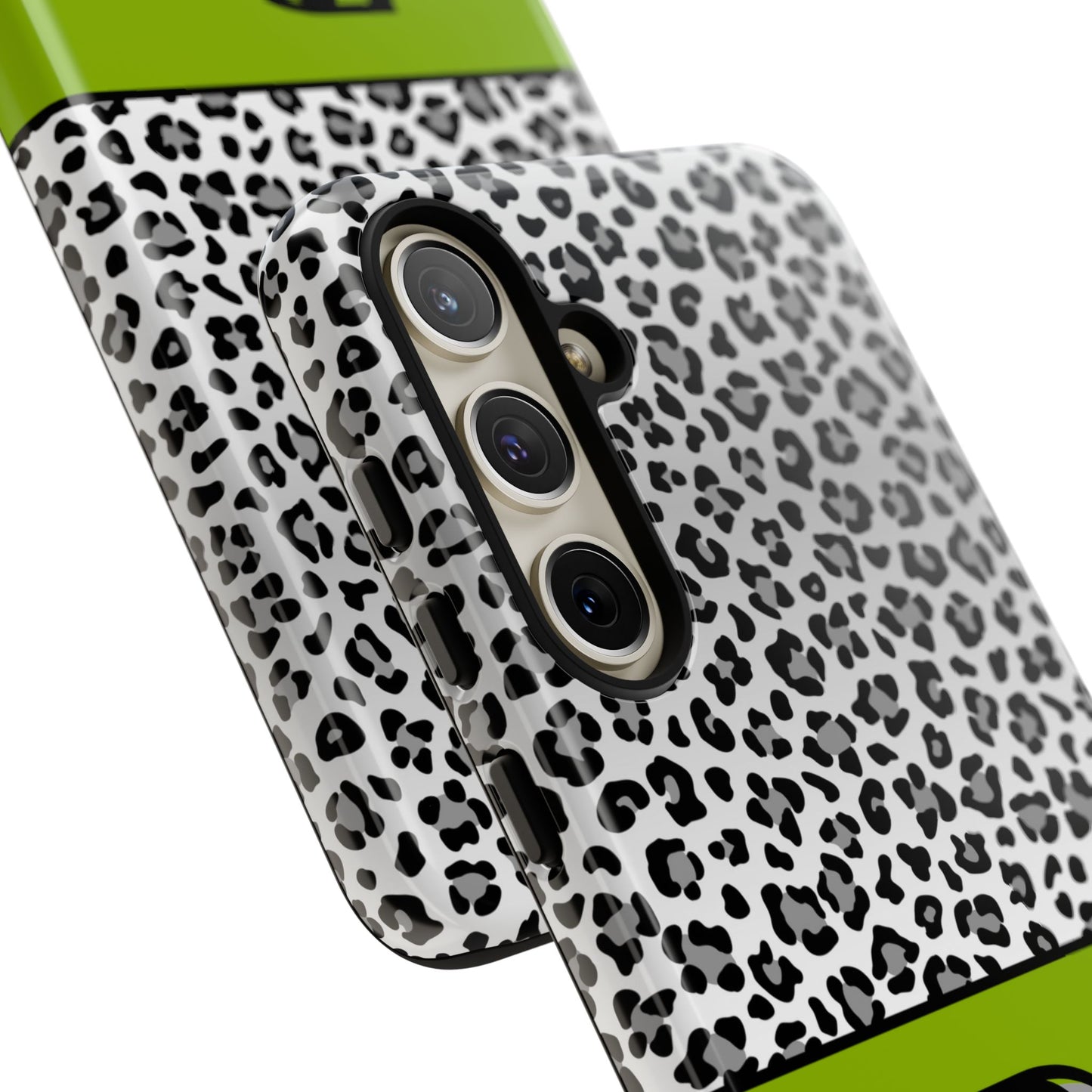 Gray Leopard Print and Green Personalized Name Phone Case - for iPhone, Samsung, and Google Phones