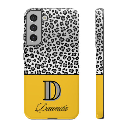 Gray Leopard Print and Yellow Personalized Name Phone Case - for iPhone, Samsung, and Google Phones