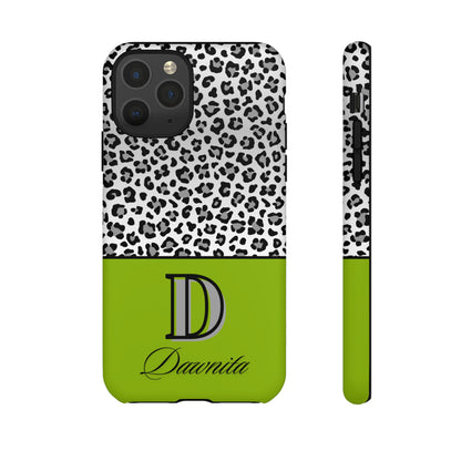 Gray Leopard Print and Green Personalized Name Phone Case - for iPhone, Samsung, and Google Phones